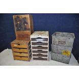 A COLLECTION OF TOOLCHESTS/CABINETS comprising a wooden chest with six metal draws, a wooden four