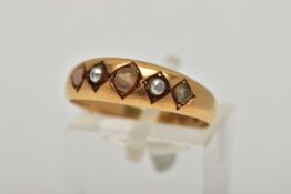A LATE VICTORIAN 18CT GOLD RING, AF set with four replacement stones and one single AF split