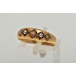 A LATE VICTORIAN 18CT GOLD RING, AF set with four replacement stones and one single AF split