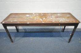 A VICTORAIN PINE RECTANGULAR HALL TABLE, on cylindrical tapering legs, length 183cm x depth 60cm x