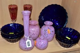 FOUR PIECES OF PINK PATTERENED MDINA GLASSWARE AND NINE OTHER PIECES OF COLOURED GLASSWARE, the
