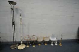 A SELECTION OF LIGHTING, to include a pair of brass column lamps, a twin branch table lamp, a pair