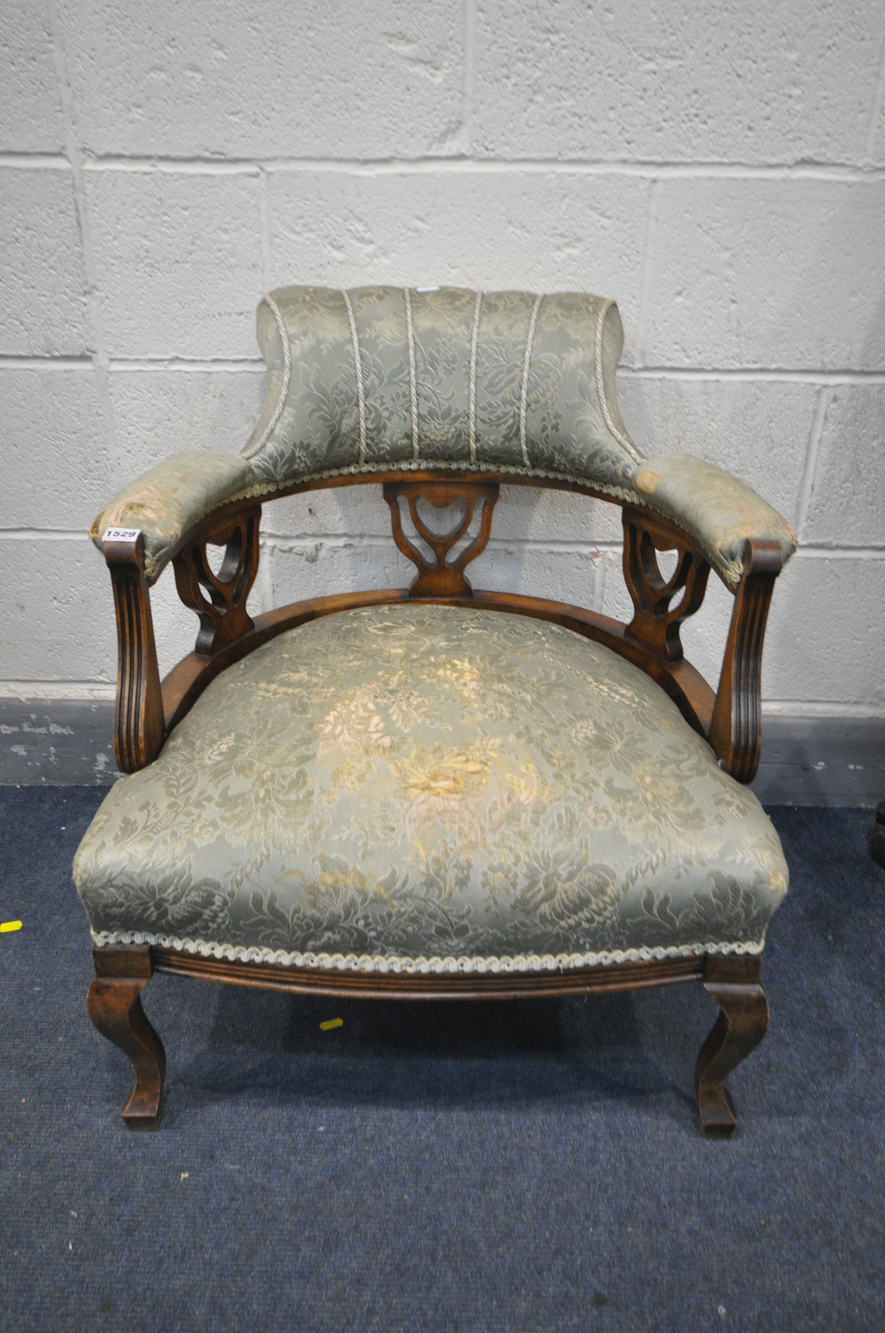 AN EDWARDIAN MAHOGANY TUB CHAIR, with scrolled back (condition - tears to both arms) - Image 2 of 2