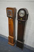 AN ART DECO WALNUT CHIMING CRANDDAUGHTER, with pendulum, height 139cm, and an oak granddaughter