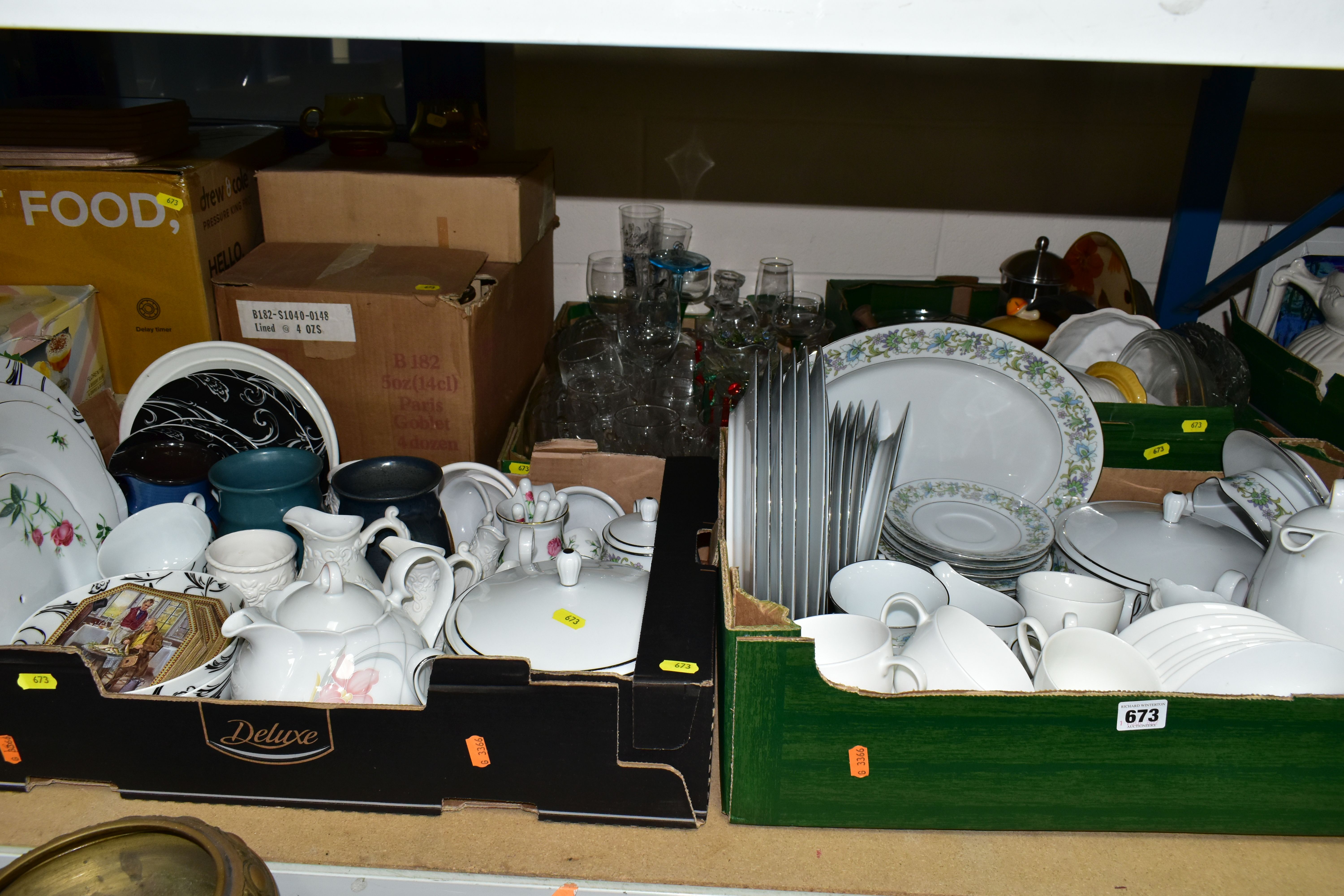 FOUR BOXES OF CERAMICS AND GLASSWARE, BOXED GLASSWARE AND KITCHEN APPLIANCES, ETC including a Drew &