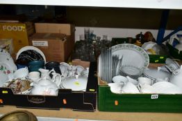 FOUR BOXES OF CERAMICS AND GLASSWARE, BOXED GLASSWARE AND KITCHEN APPLIANCES, ETC including a Drew &