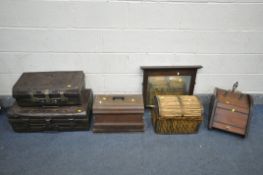 TWO VINTAGE TIN TRUNKS, an Edwardian walnut purdonium with shovel, a vintage sewing machine, a domed