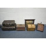 TWO VINTAGE TIN TRUNKS, an Edwardian walnut purdonium with shovel, a vintage sewing machine, a domed