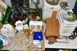 TWO BOXES OF CERAMICS AND GLASS, including approximately eighteen boxed Royal Doulton and Seltmann