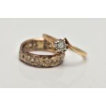 A 9CT GOLD SINGLE STONE DIAMOND RING AND A BAND RING, the first designed with an illusion set