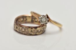 A 9CT GOLD SINGLE STONE DIAMOND RING AND A BAND RING, the first designed with an illusion set