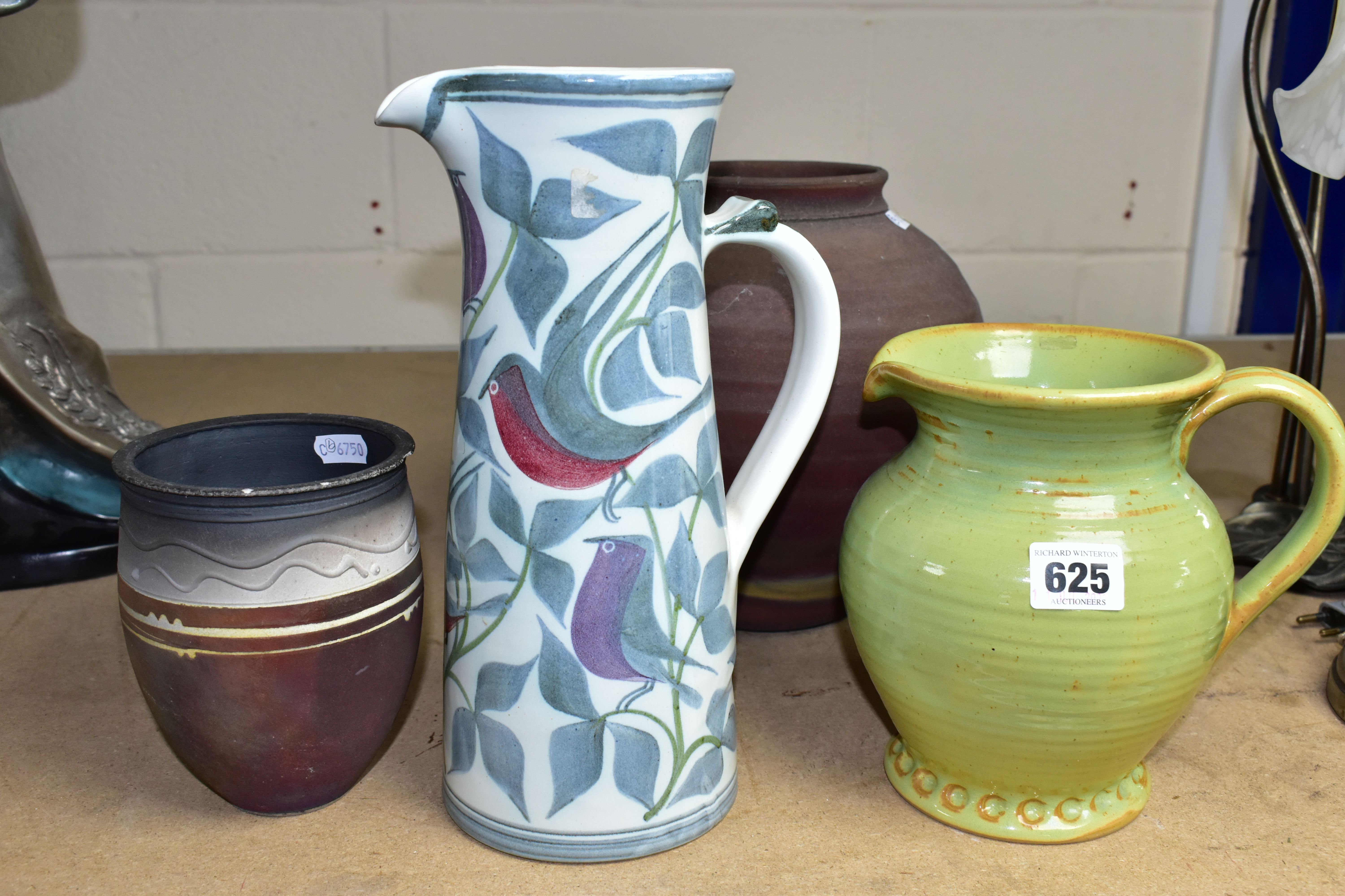 A LAWRENCE MCGOWAN JUG AND OTHER PIECES OF STUDIO POTTERY, four pieces comprising a tall jug painted