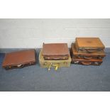 THREE VINTAGE BROWN LEATHER SUITCASES, (condition:-two suitcases with torn stitching) and three