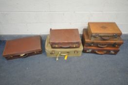 THREE VINTAGE BROWN LEATHER SUITCASES, (condition:-two suitcases with torn stitching) and three