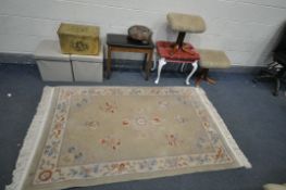 A SELECTION OF VARIOUS STOOLS, to include a pair of beige foot stools, a white painted dressing