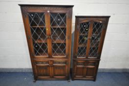 AN OLD CHARM LEAD GLAZED TWO DOOR BOOKCASE, bottom with two linenfold doors, width 100cm x depth