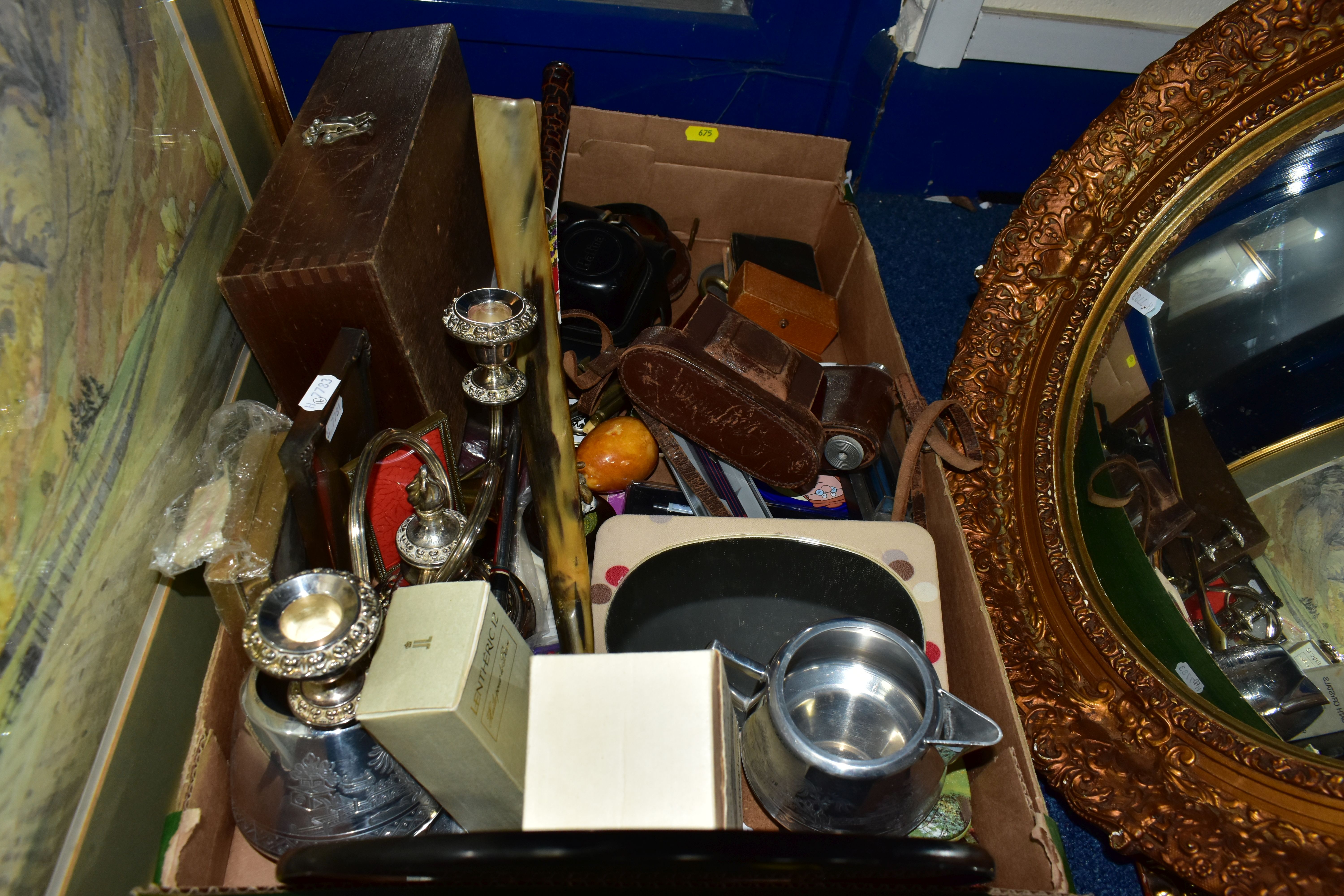 TWO BOXES AND LOOSE, BOOKS, METALWARES, CAMERAS, ETC, including two gilt framed wall mirrors, a - Image 4 of 6