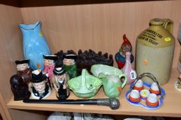 A GROUP OF CHARACTER, TOBY JUGS AND OTHER CERAMICS, ETC, including a pink Wedgwood jasperware bud