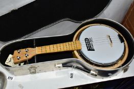 A 'POWERBEAT' FOUR STRING BANJO, with aluminium case (appears in good condition)