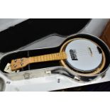A 'POWERBEAT' FOUR STRING BANJO, with aluminium case (appears in good condition)