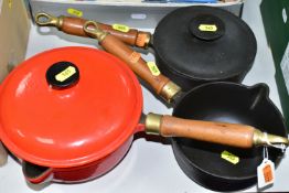 THREE CAST IRON SAUCEPANS, two with lids, one red and two black (Salter) (3)