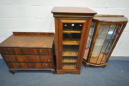 A TALL MAHOGNAY CABINET, with two shelves and two sliding shelves, a similar corner tv stand, a
