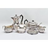 A WHITE METAL TEA AND COFFEE SET, a white metal tea pot, coffee pot, milk jug and sugar bowl,