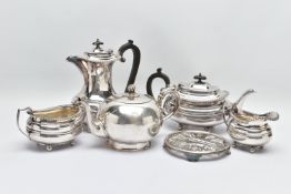 A WHITE METAL TEA AND COFFEE SET, a white metal tea pot, coffee pot, milk jug and sugar bowl,