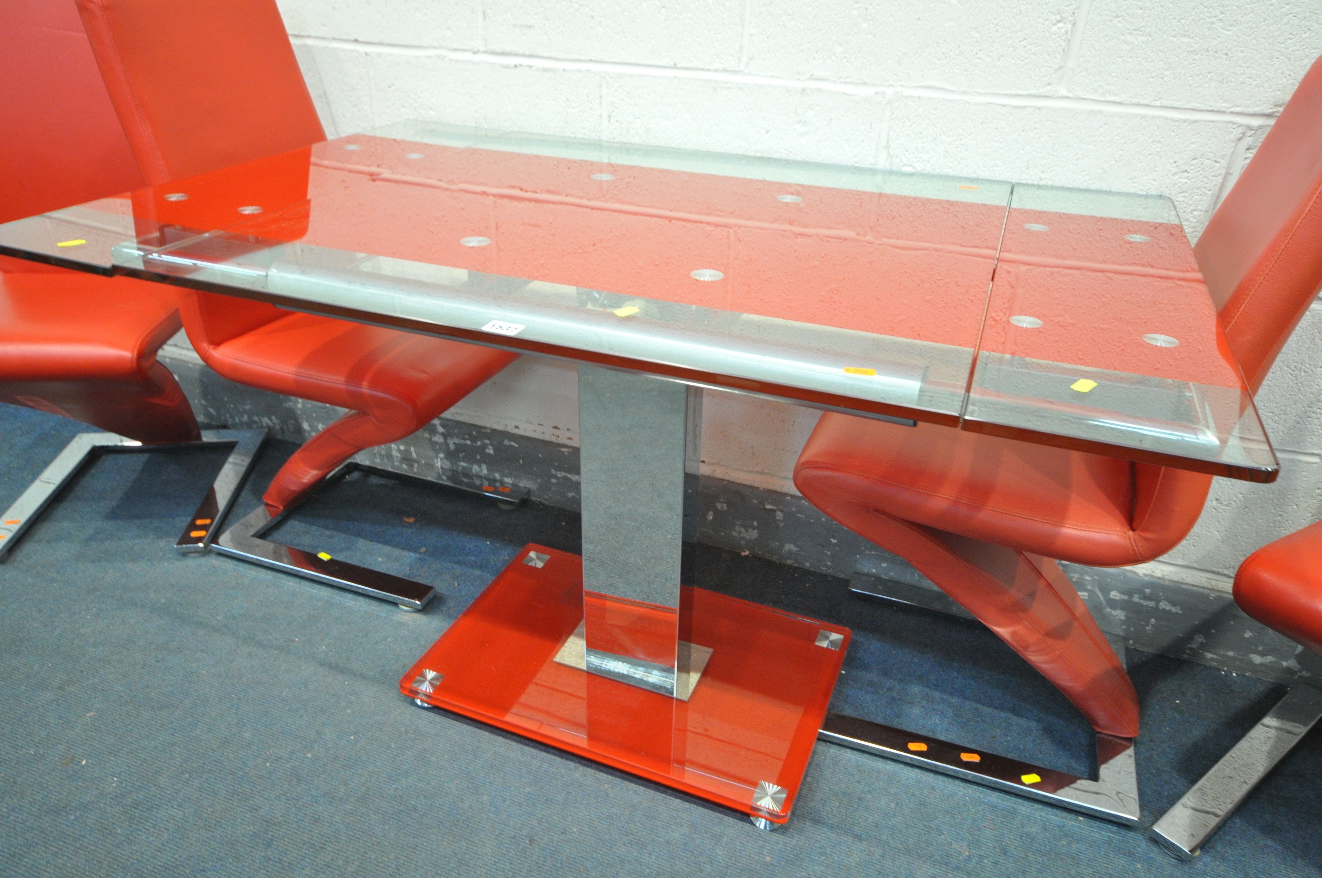 A COLORED GLASS EXTENDING DINGING TABLE, open length 120cm x closed length 80cm x depth 80cm x - Image 4 of 6