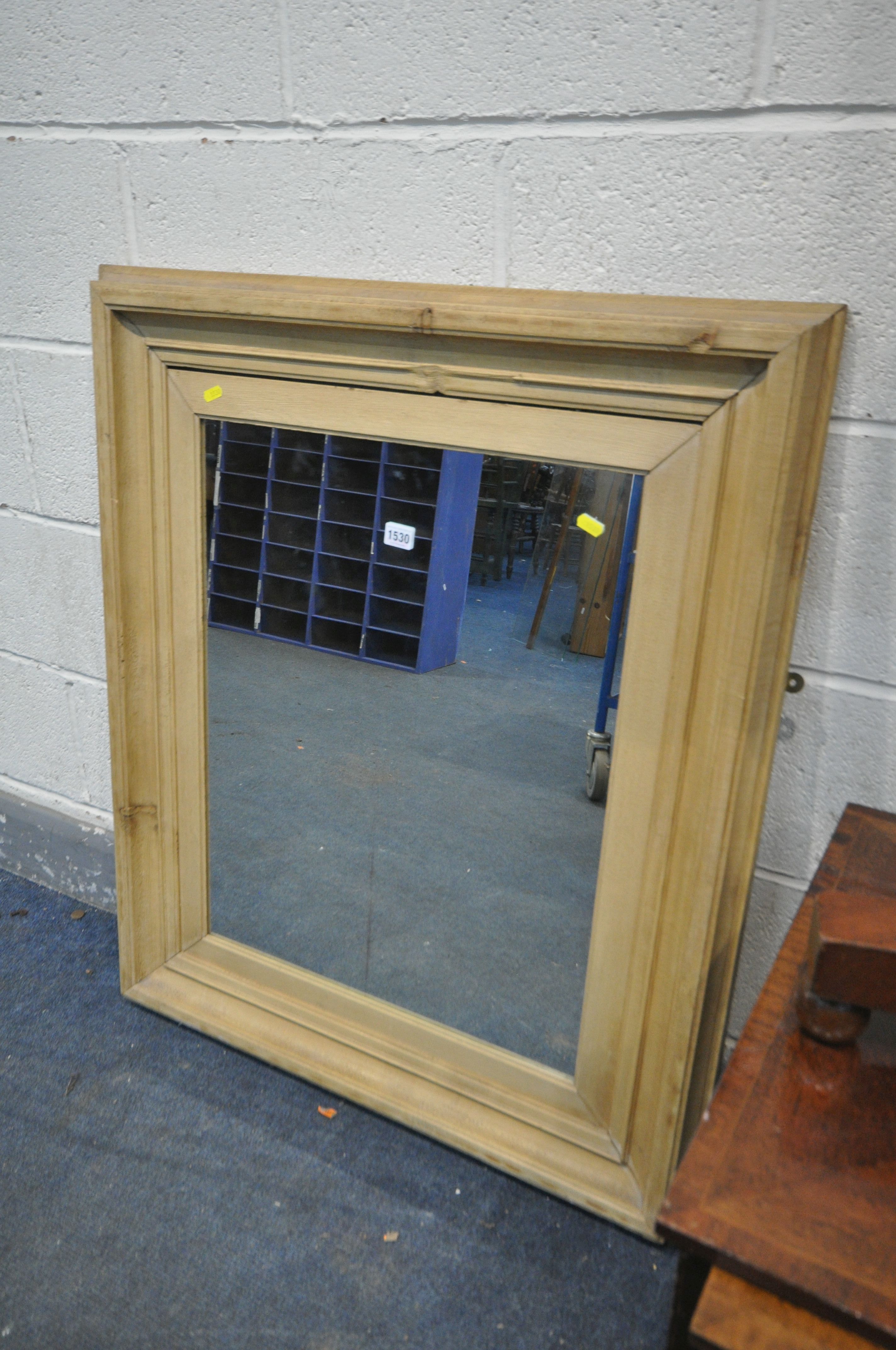 A PINE RECTANGULAR WALL MIRROR, width 80cm x height 95cm, along with a mahogany pole screen, a - Image 2 of 3