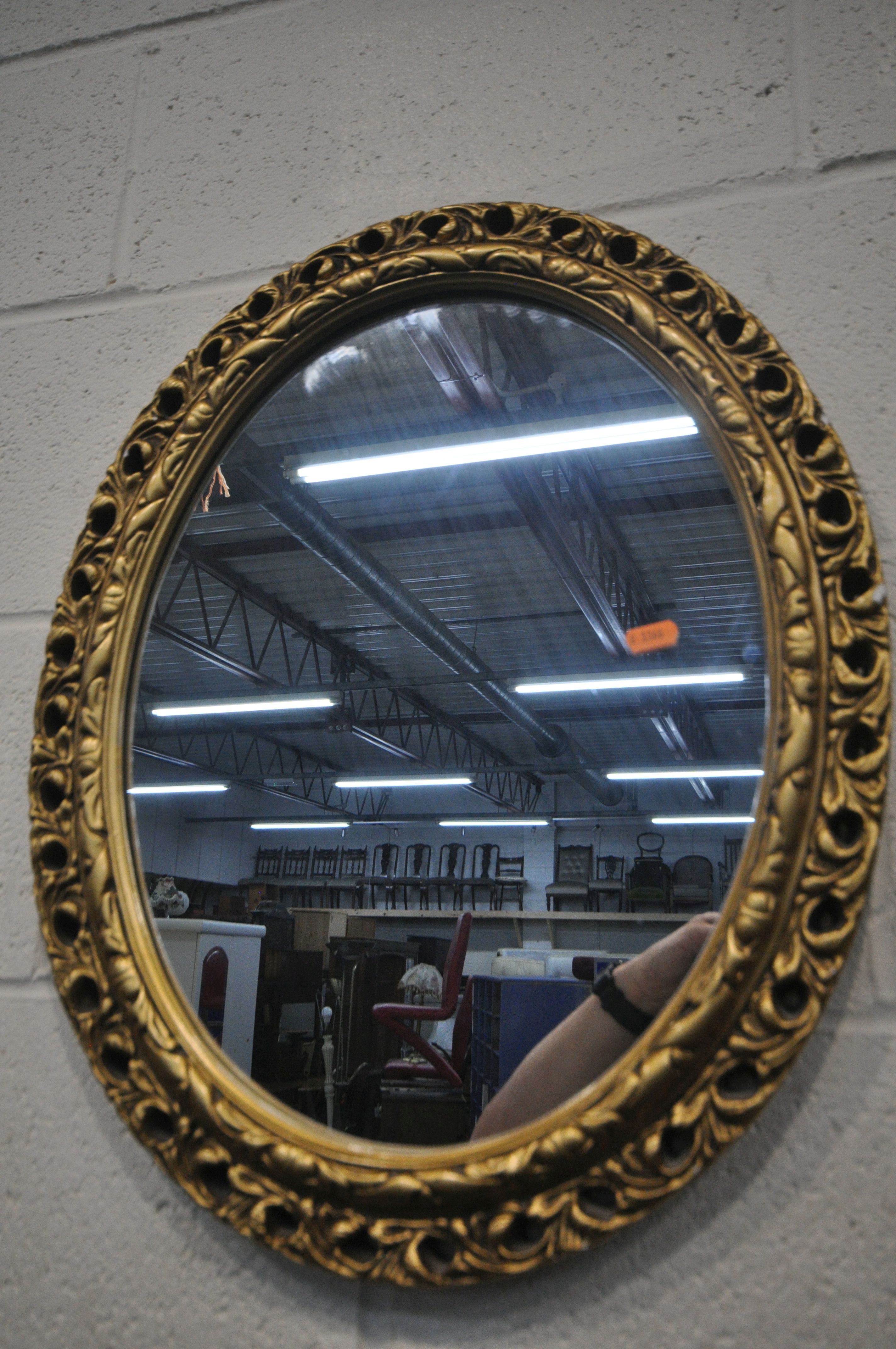 A LARGE RECTANGUALR GILT WOOD WALL MIRROR, with foliate detailing, width 76cm x height 137cm, - Image 3 of 4