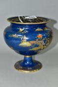 A CARLTON WARE BLUE MIKADO PEDESTAL ROSE BOWL, with metal insert, height 16.5cm, printed and painted