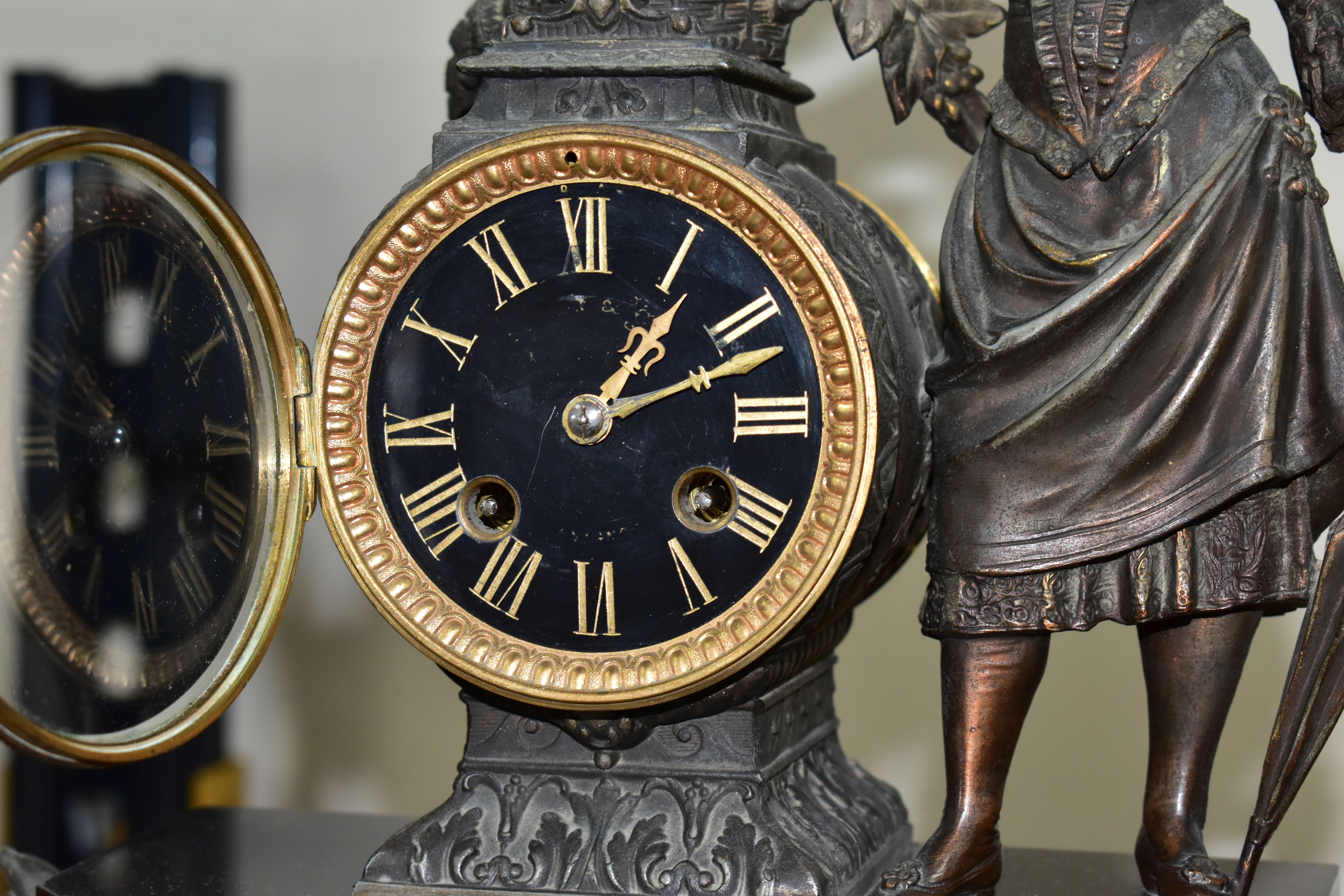 A CLOCK GARNITURE WITH GILT SLATE PANELS, the dial having gilt Roman numeral hour markers and worn - Image 5 of 7