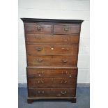 A GEORGE III MAHOGANY CHEST ON CHEST, with overhanging cornice, upper section with two short over