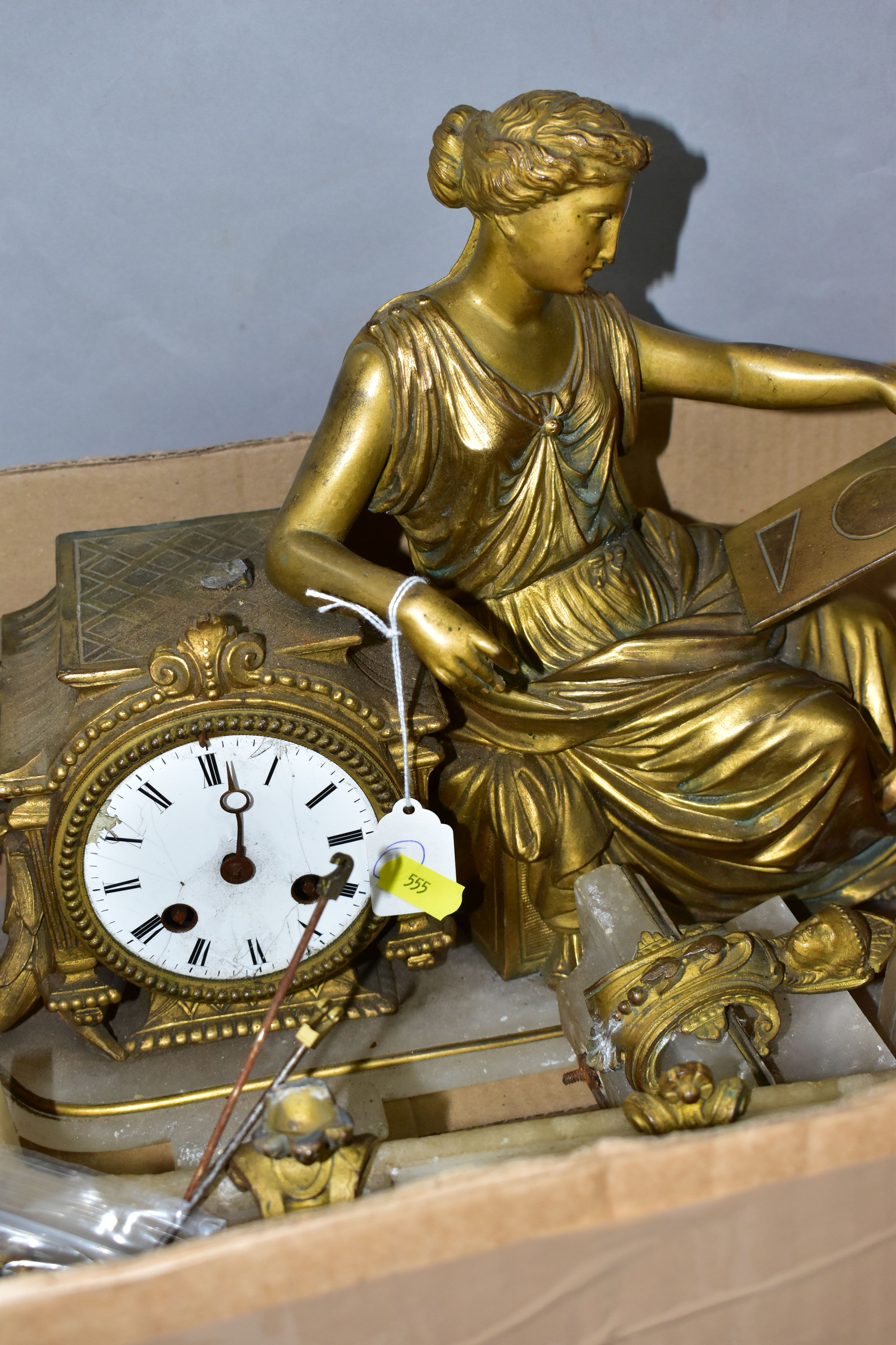 TWO FRENCH STYLE SPELTER AND ALABASTER MANTEL CLOCKS, the first depicts a female figure and dog on a - Image 5 of 5