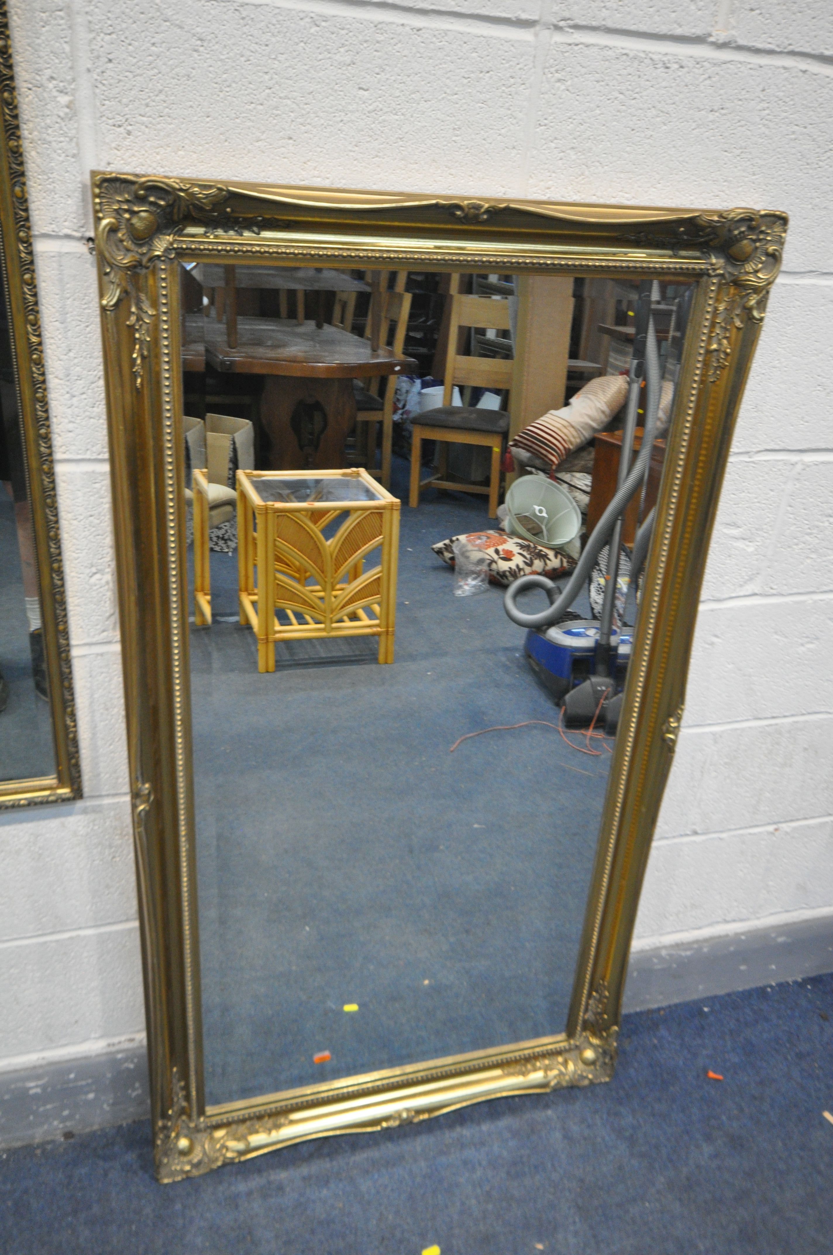 A LARGE RECTANGUALR GILT WOOD WALL MIRROR, with foliate detailing, width 76cm x height 137cm, - Image 2 of 4