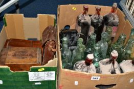 TWO BOXES CONTAINING VINTAGE GLASS BOTTLES AND FOUR WOODEN CASED GEOMETRY SETS, together with a