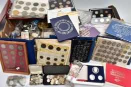 TWO BOXES OF UK AND WORLD COINS SOME LOOSE AND SOME IN THREE ALBUMS, to include a George III crown