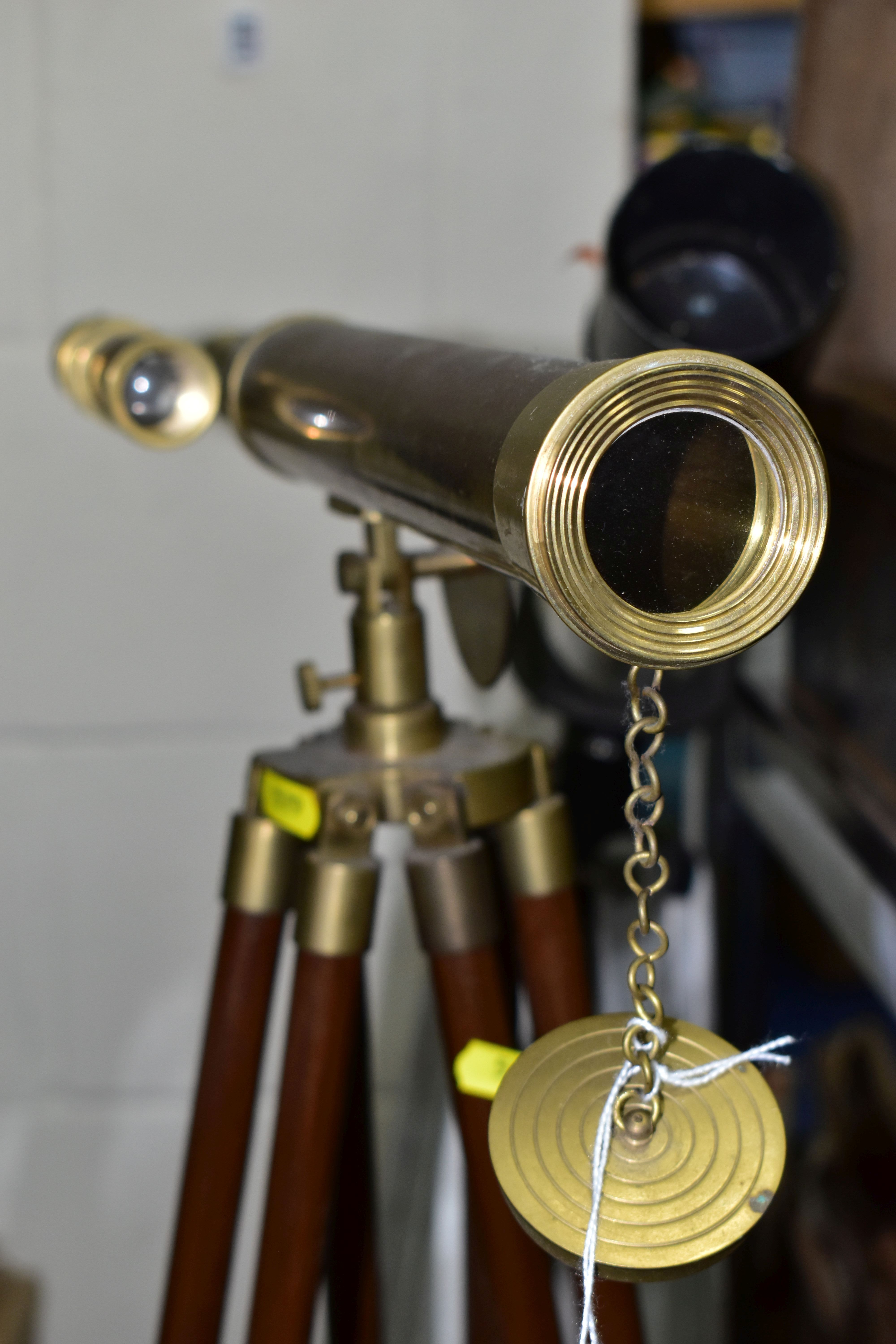 TWO VINTAGE TELESCOPES, both on wooden stands, one is brass with brass fittings (dusty, chipped - Image 4 of 5