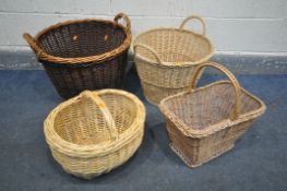 FOUR VARIOUS WICKER BASKETS, to include two log baskets, largest diameter 54cm x height 44cm, and