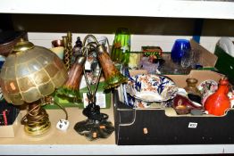 THREE BOXES AND LOOSE CERAMICS, GLASSWARES, TABLE LAMPS AND SUNDRY ITEMS, to include two modern/late