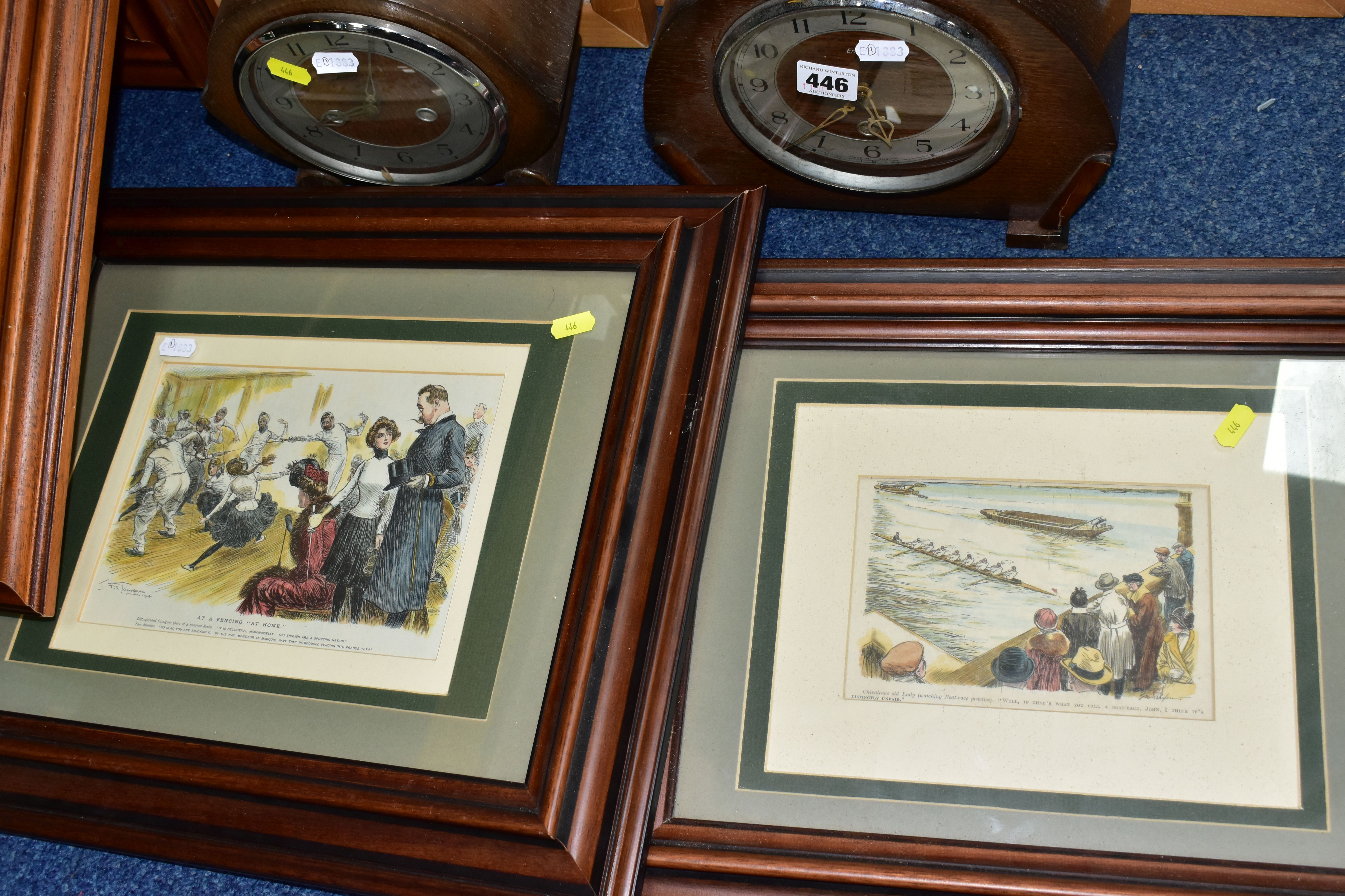 SIX FRAMED PICTURES AND TWO MANTEL CLOCKS, comprising two pairs of vintage style humorous prints - Image 2 of 3