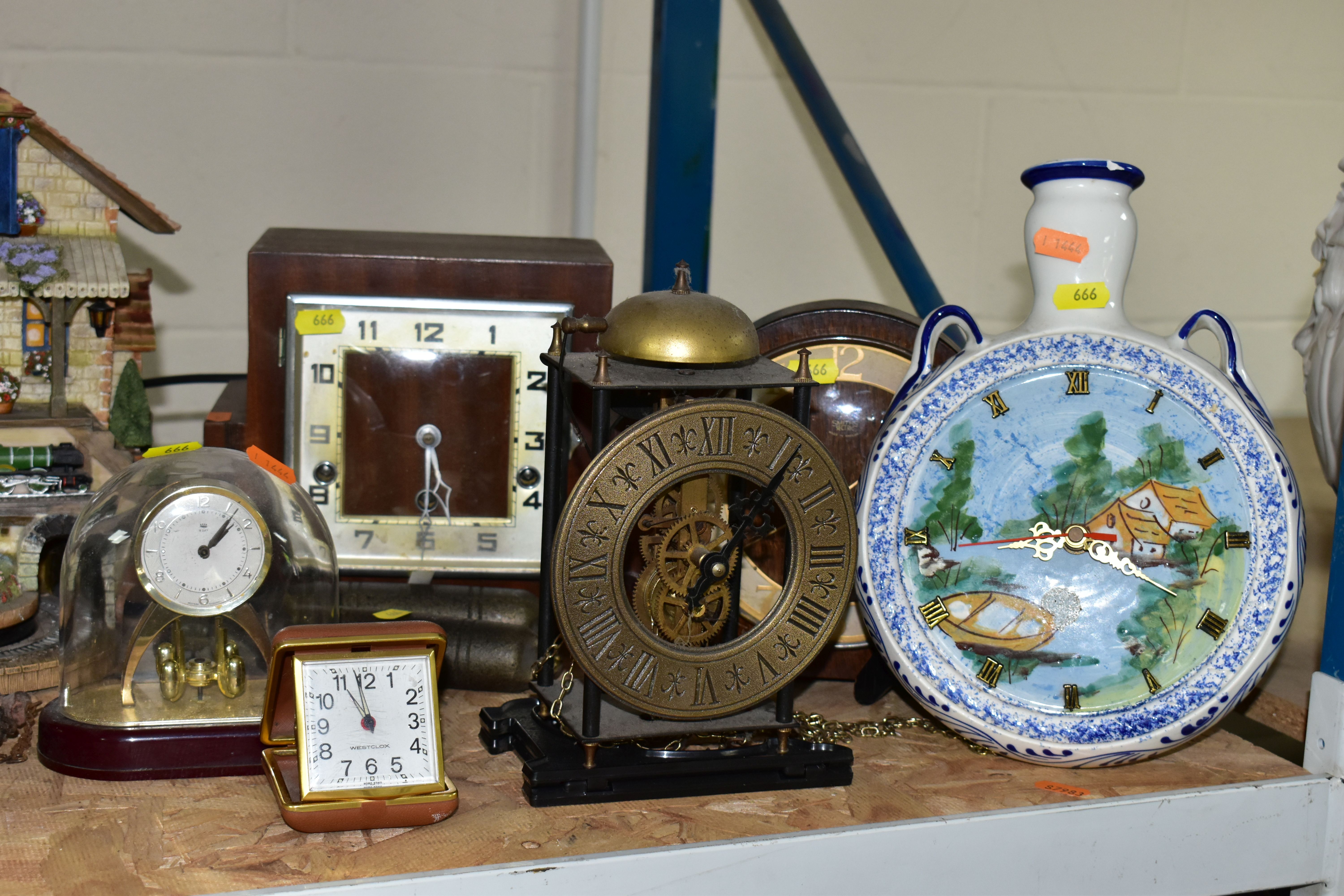 A COLLECTION OF ASSORTED CLOCKS AND BAROMETERS, including three oak cased mantel clocks, a battery - Image 2 of 8