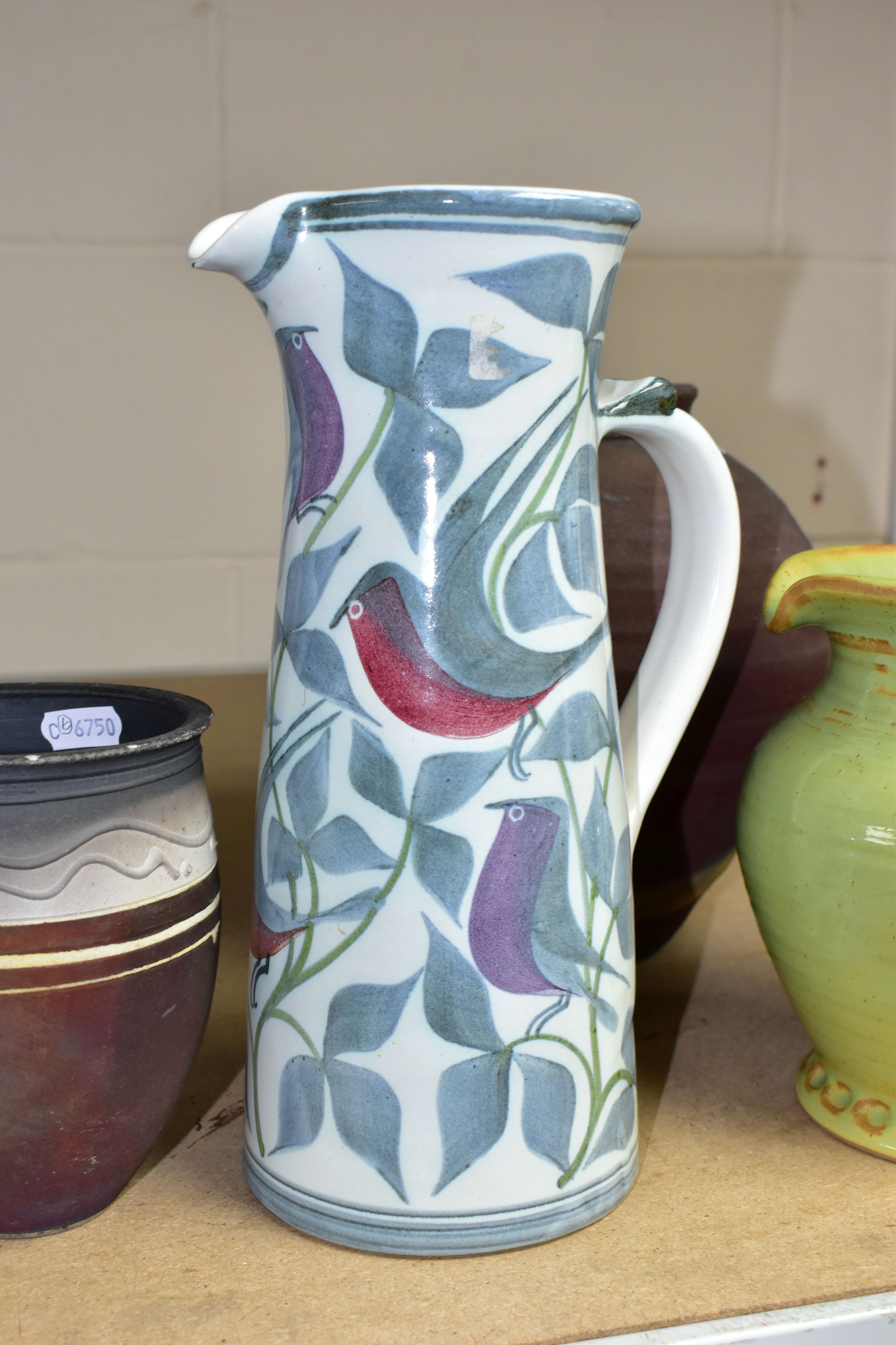 A LAWRENCE MCGOWAN JUG AND OTHER PIECES OF STUDIO POTTERY, four pieces comprising a tall jug painted - Image 2 of 7
