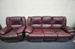 A PLUM COLORED LEATHERETTE THREE SEATER MANUAL RECLINING CHAIR, along with a matching rocking