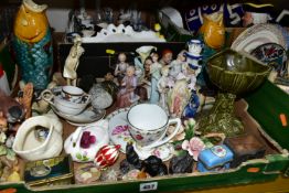 FOUR BOXES OF CERAMICS AND SUNDRY ITEMS, to include Imari pattern jugs, a green glazed figural