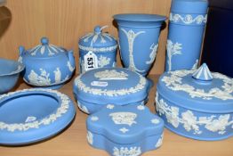 TEN PIECES OF WEDGWOOD PALE BLUE JASPERWARE, including three trinket boxes and covers, an ashtray, a