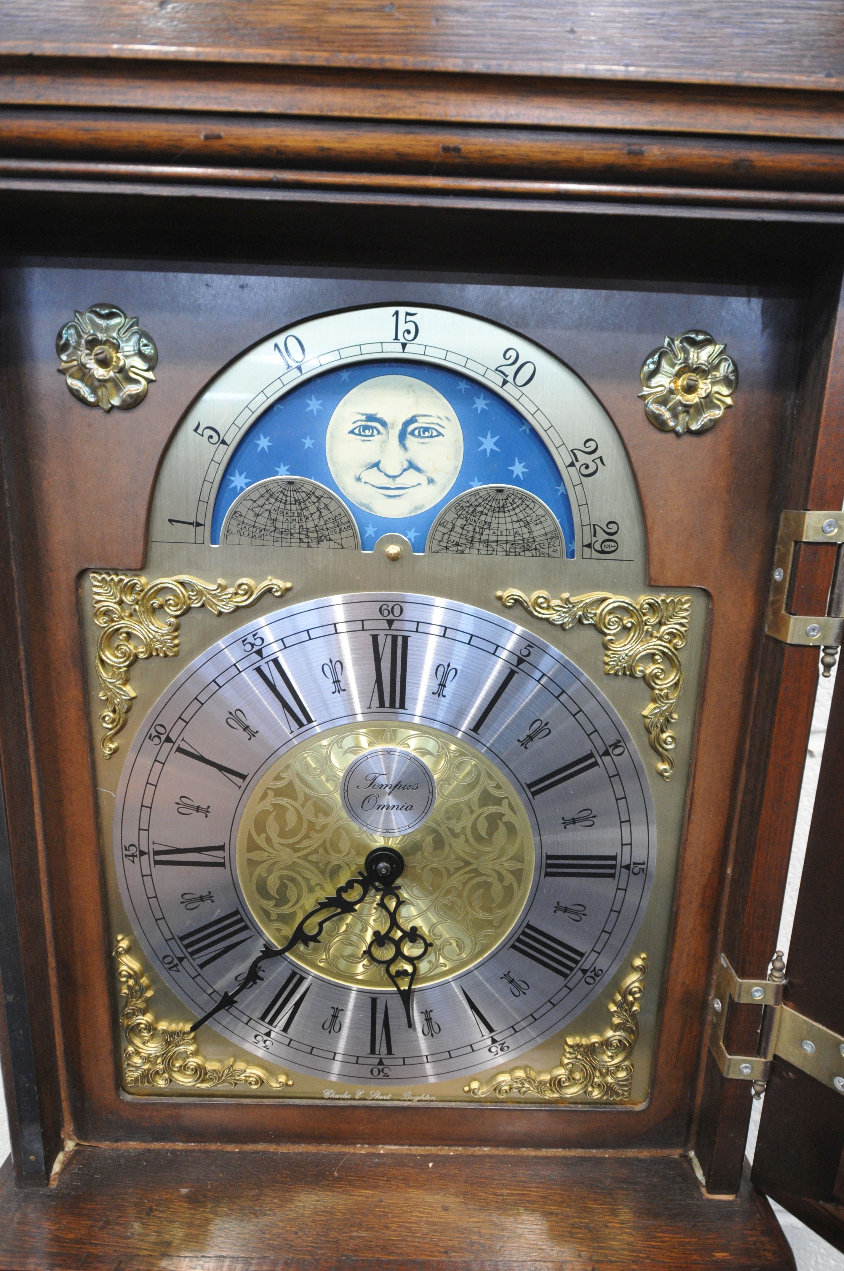 A MODERN MAHOGANY TEMPUS OMNIA LONG CASE CLOCK, brushed steel dial with roman numerals, brass face - Image 2 of 3
