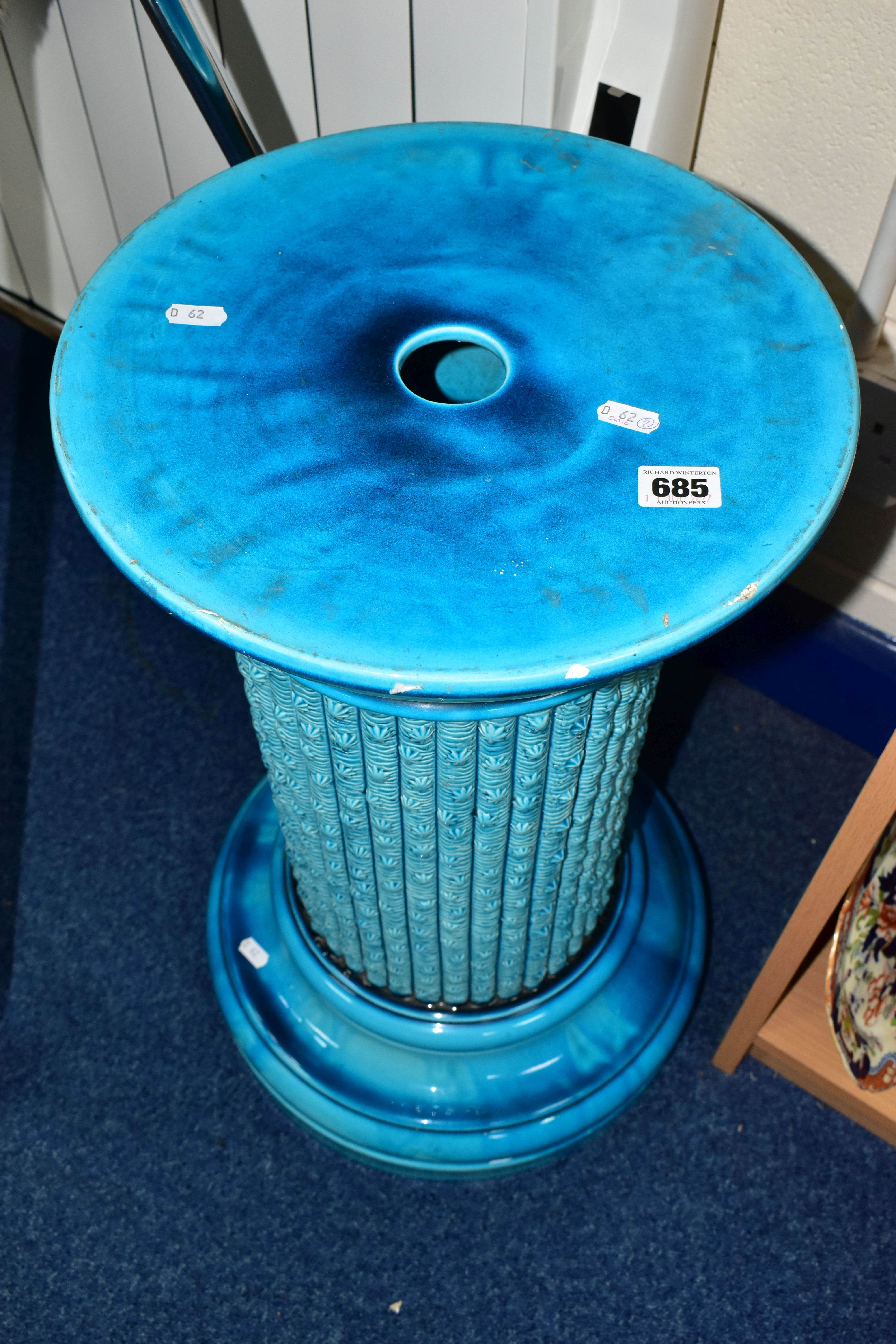 A BURMANTOFTS TURQUOISE GLAZED JARDINIERE STAND, of cylindrical column form, moulded with a - Image 2 of 6