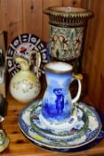 A GROUP OF ROYAL DOULTON CERAMICS AND A ROYAL CROWN DERBY PLATE, comprising a Doulton Lambeth